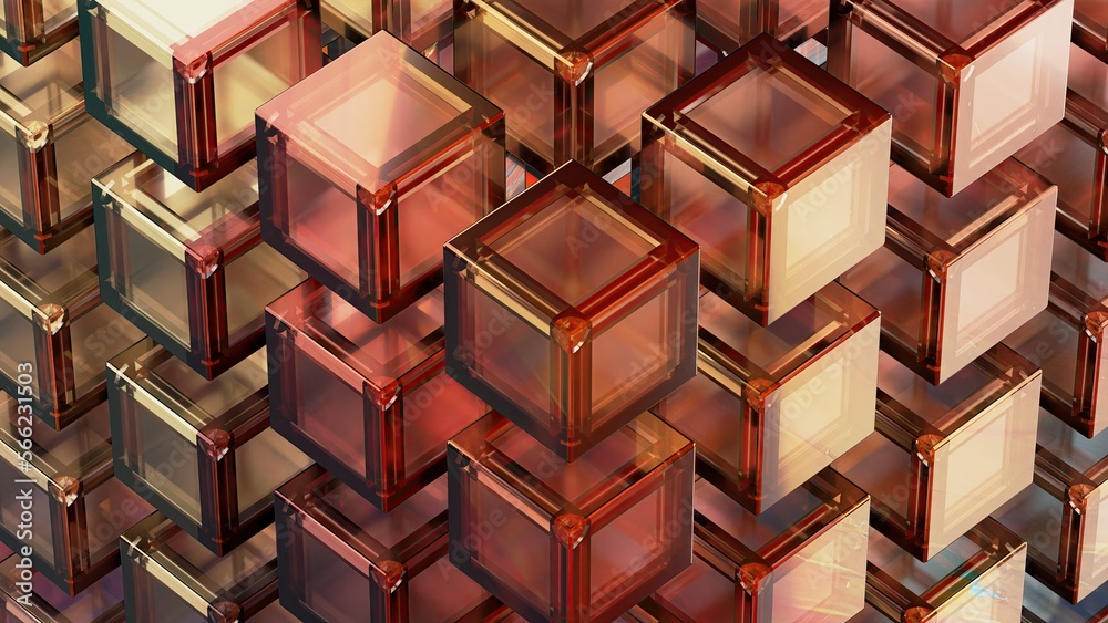 Abstract, dramatic, passionate, luxurious, modern 3D rendering of a collection of red, orange, grid-aligned, glass-textured cubes as a graphic design elemental background material. Abstract, dramatic, passionate, luxurious, modern 3D rendering of a collection of red, orange, grid-aligned, glass-textured cubes as a graphic design elemental background material.