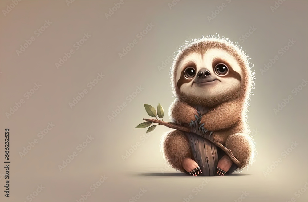 Cute sloth with big eyes smiling. Adorable baby sloth character in