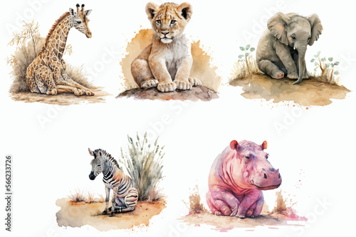 Canvas Print Safari Animal set lion, hippopotamus, giraffe, elephant, zebra in watercolor style