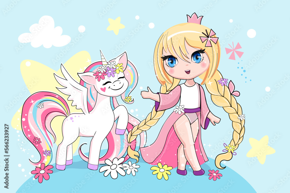 A beautiful unicorn and a little girl anime princess on a blue background. Vector cartoon illustration in kawaii style A beautiful unicorn and a little girl anime princess on a blue background. Vector cartoon illustration in kawaii style