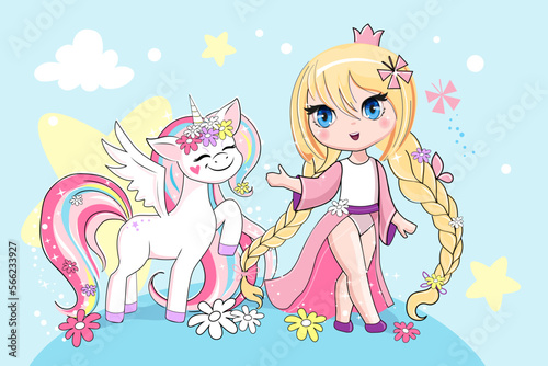 A beautiful unicorn and a little girl anime princess on a blue background. Vector cartoon illustration in kawaii style
