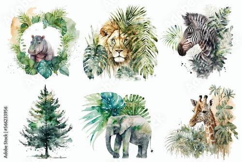 Safari Animal set hippopotamus, lion, zebra, elephant, giraffe in watercolor style. Isolated vector illustration