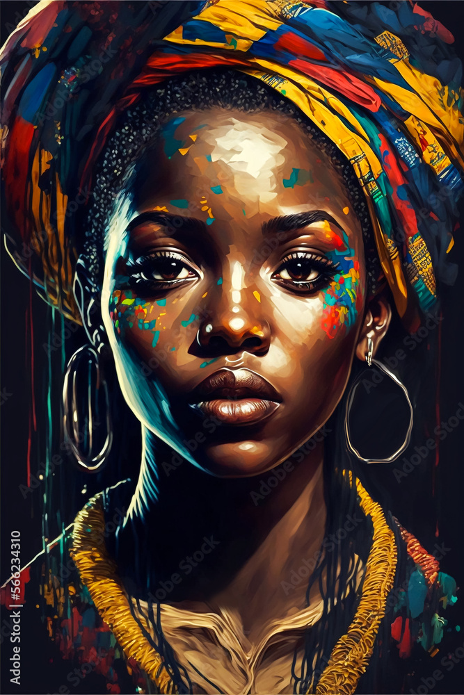 Abstract painting concept. Colorful art portrait of a black woman. African culture. Generative AI. - obrazy, fototapety, plakaty 