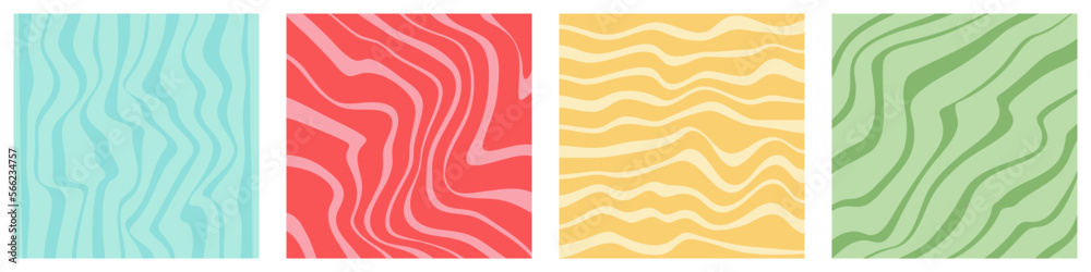 Wavy lines square templates set. 1970 retro groovy liquid lines background. Swirl psychedelic trippy textures. Aesthetic electric inspired strips. Vector illustration. Wavy lines square templates set. 1970 retro groovy liquid lines background. Swirl psychedelic trippy textures. Aesthetic electric inspired strips. Vector illustration.