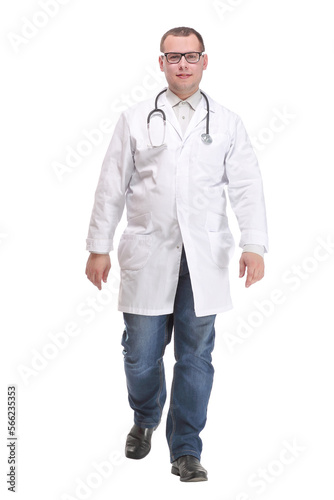 Full length portrait of young caucasian with stethoscope walking doctor