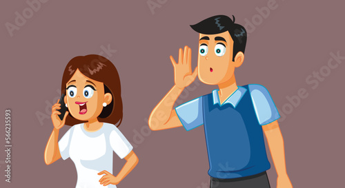 Jealous Man Listening to a Private Conversation of his Wife. Snoopy boyfriend trying to hear a private phone call
