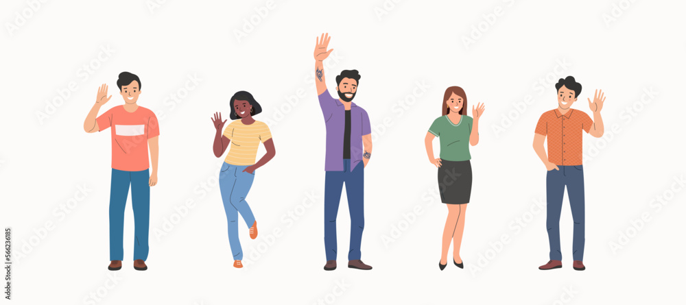 Different young women and men waives hands in hello gesture while smiling cheerfully. People stand full body. Flat style cartoon vector illustration.