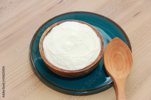 White fermented milk yogurt in a decorative plate, next to a wooden spoon