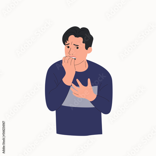 Young man experiences fear, fright, stress.Vector flat style cartoon  illustration.