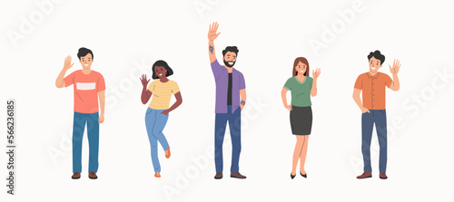 Different young women and men waives hands in hello gesture while smiling cheerfully. People stand full body. Flat style cartoon vector illustration.