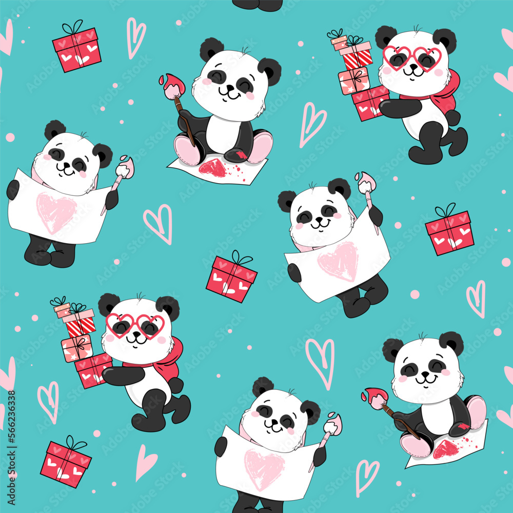 Fototapeta premium Cartoon panda with heart and gift boxes for valentines day on a blue background seamless pattern. Vector cartoon illustration in kawaii style