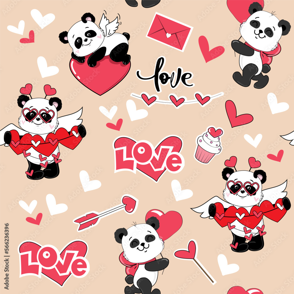 Funny cartoon panda with hearts seamless pattern background. Vector cartoon illustration in kawaii style