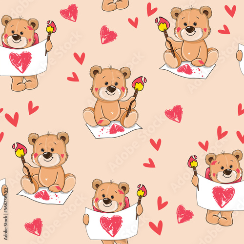 Cute cartoon teddy bear with hearts on a beige background seamless pattern. Vector illustration for valentine's day. T-shirt design, greeting cards