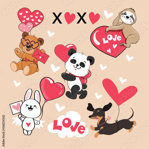 Fototapeta Naklejka Na Ścianę i Meble -  Cute set cartoon animals with hearts. teddy bear, panda, sloth, bunny and dachshund. Vector illustration for valentine's day. T-shirt design