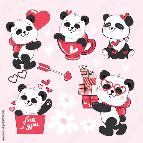 Draw cute panda set in kawaii style on a pink background. Valentine's Day card. Vector illustration cartoon doodle style © Lucky Project