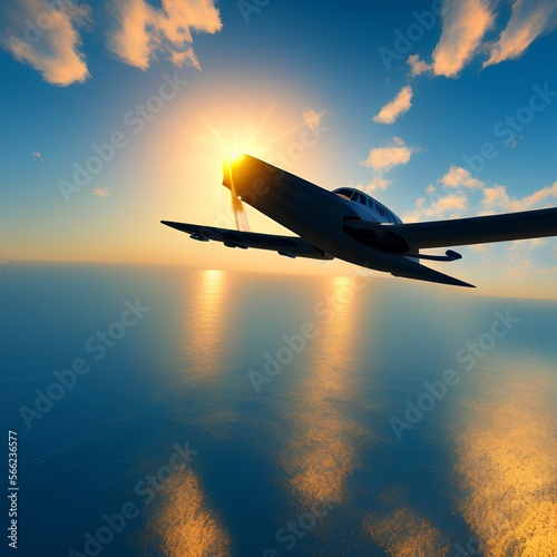 Airplane flying over tropical sea at sunset - generative ai 