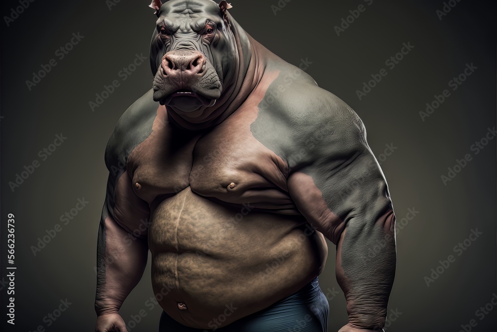 Hippopotamus - Close up portrait - Bodybuilder posing - Generative AI