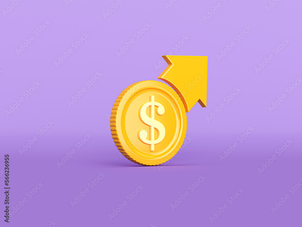 Yellow Financial growth and dollar coin icon isolated on purple background. Increasing revenue. Minimalism concept. 3d illustration 3D render. Yellow Financial growth and dollar coin icon isolated on purple background. Increasing revenue. Minimalism concept. 3d illustration 3D render.
