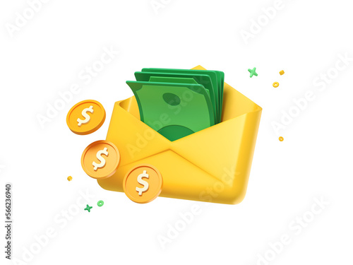3D Opened envelope with money and floating coins. Cash bonus. Receiving payment or invoice. Salary bill. Send dollar in mail. Cartoon creative design icon isolated on white background. 3D Rendering