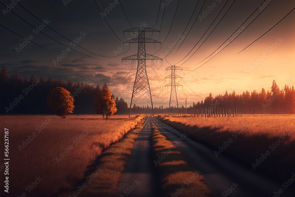 Electricity towers at sunset. Generative AI