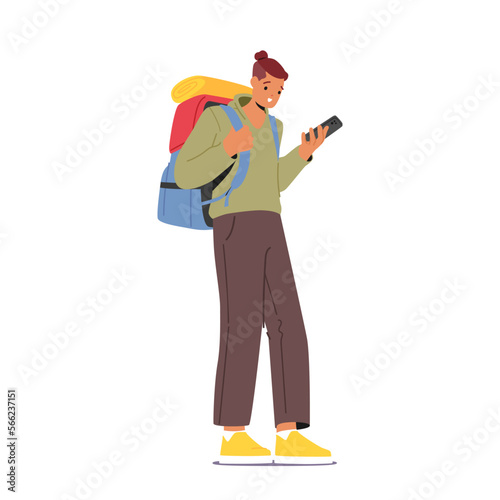 Young Male Character with Backpack and Smartphone Isolated on White Background. Tourist Backpacker or Hiker