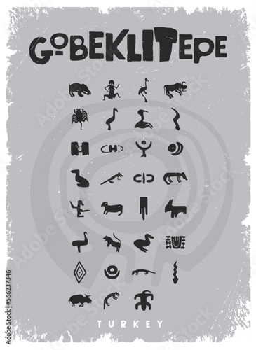 Gobeklitepe, icons and animals poster design. Gobeklitepe is oldest temple of the humankind at Urfa, Turkey.