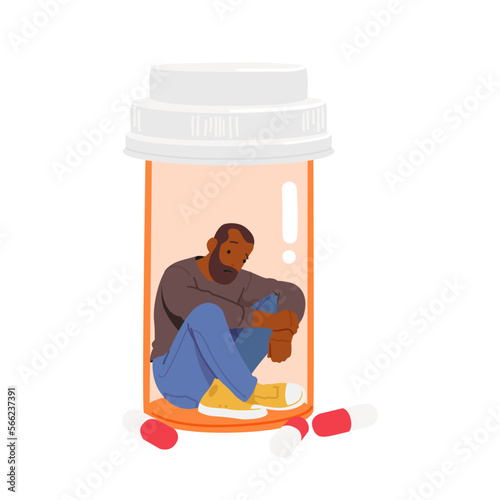 Depressed Man Sit Inside Of Bottle With Medical Tablets. Sick Male Character With Health Problems Vector Illustration