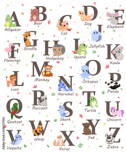 Fototapeta Naklejka Na Ścianę i Meble -  Alphabet with cartoon animals and captions for them, children's alphabet, illustration for children, vector