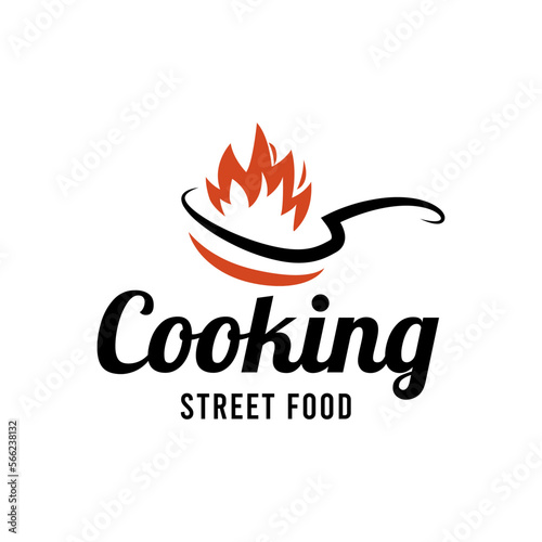Pan and spatula kitchen and cooking logo design vector. Restaurant logo illustration. kitchen set tools logo vector