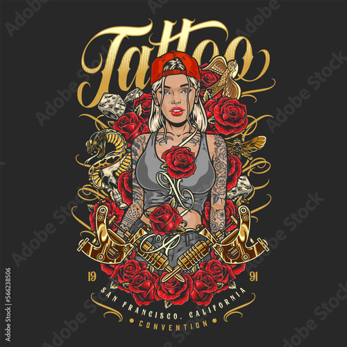 Tattoo beauty girl colorful flyer