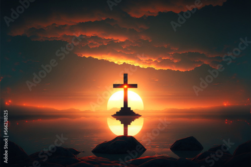 Orange sunrise sky, Cross Jesus hope background, Generative AI