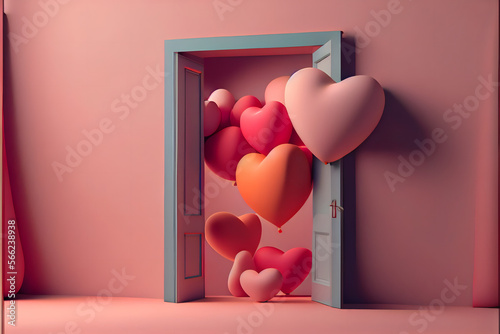 Heart shaped balloons flying through a door photo