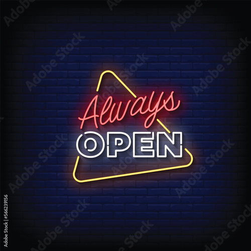 Neon Sign always open with brick wall background vector