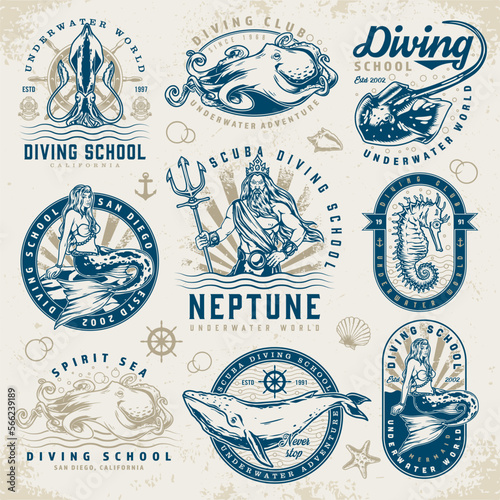 Underwater world logotypes set colorful