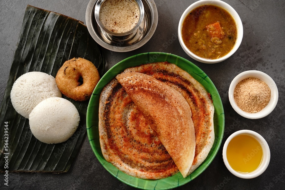 South Indian vegetarian breakfast idli karam podi dosa sambar chutney