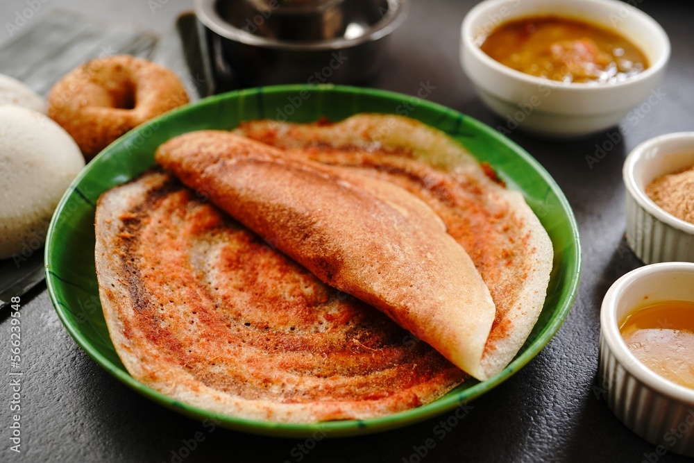 South Indian vegetarian breakfast idli karam podi dosa sambar chutney