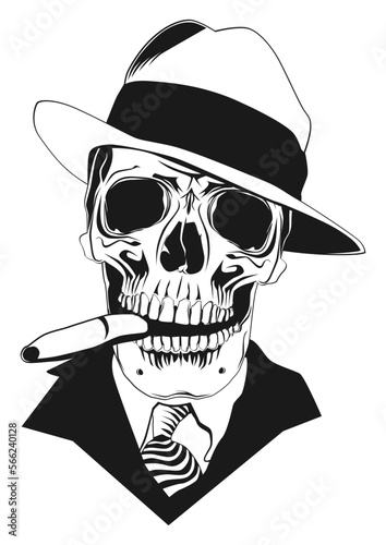 Front view of a skull of a gangster with a hat and a cigar. Vector.