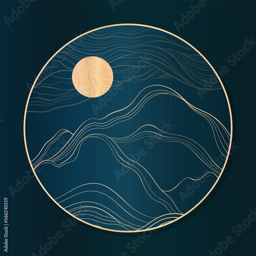 Round harmonious design with mountains and moon. Night landscape in gold and blue colors. Luxury design with elegant smooth lines.