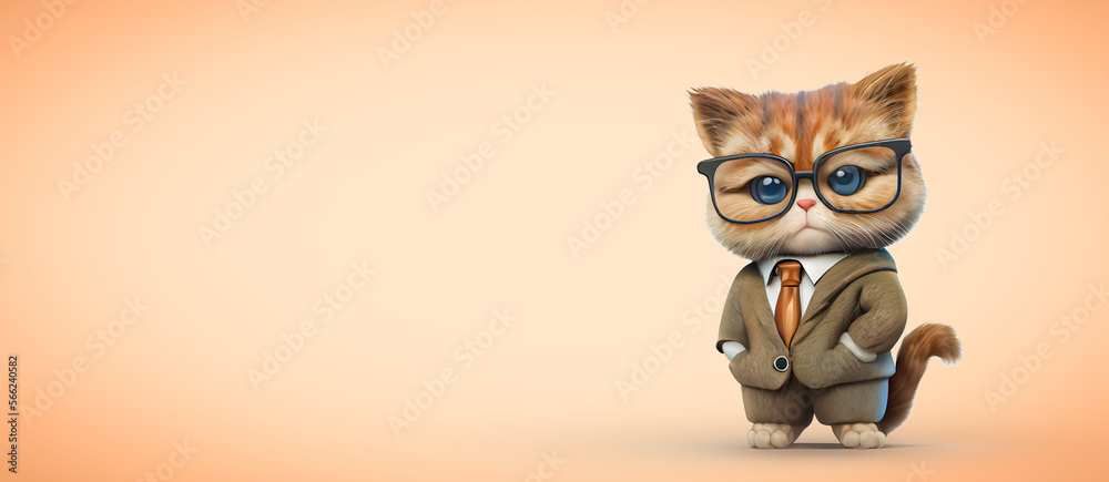 a smart cat teacher or student in glasses and a suit and tie looks. 3d copyspace illustration with an empty orange background, ai generated,