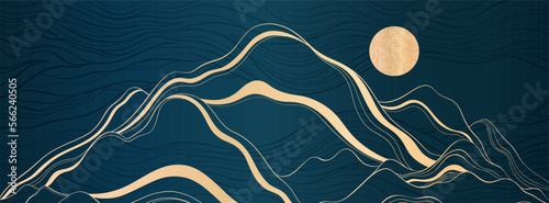 A minimalistic banner with mountains and an art deco style. Smooth gold lines on a dark blue prestigious background.