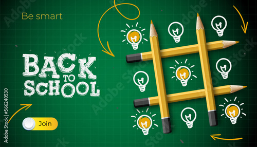 Back to school template with tic tac toe game, green checkered board, pencils makes and doodle lightbulbs