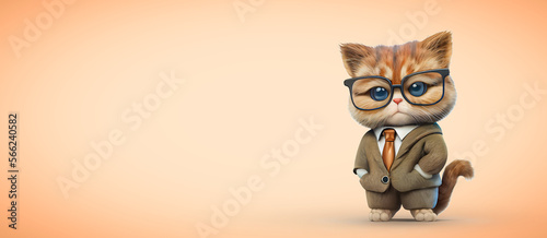 a smart cat teacher or student in glasses and a suit and tie looks. 3d copyspace illustration with an empty orange background, ai generated,