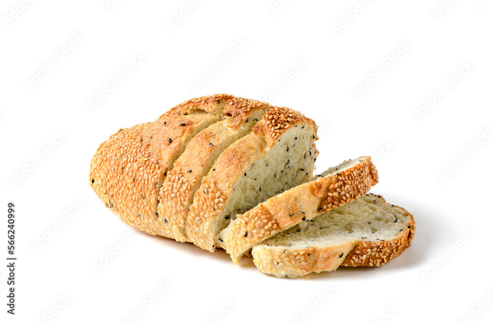 sliced french grain breads with white and black sesame isolate on white background,