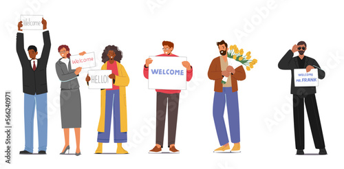 People Meeting Someone In Airport. Male And Female Characters Holding Welcome Banners Waiting Friend, Colleague
