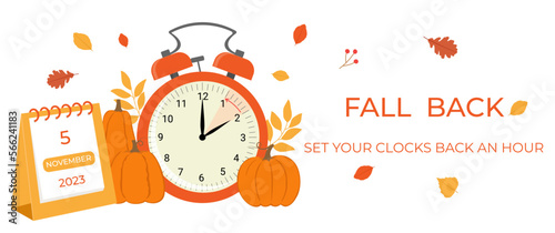 Daylight saving time ends concept banner. Fall Back time. Allarm clock with autumn leaves, pumpkins and calendar