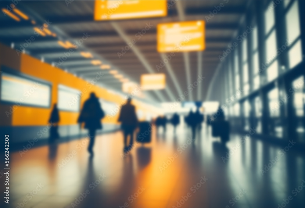 Fototapeta premium Blurred background of people walking in empty public transportation hall, Ai Generated