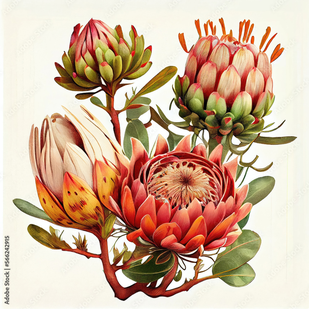 Protea Flower Isolated, African Protea Drawing Imitation, Abstract ...