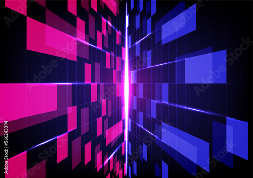 Abstract background technology digital wall perspective with overlapping blue and pink grids and squares. There is a beam of light in the center on a black and blue gradient background.