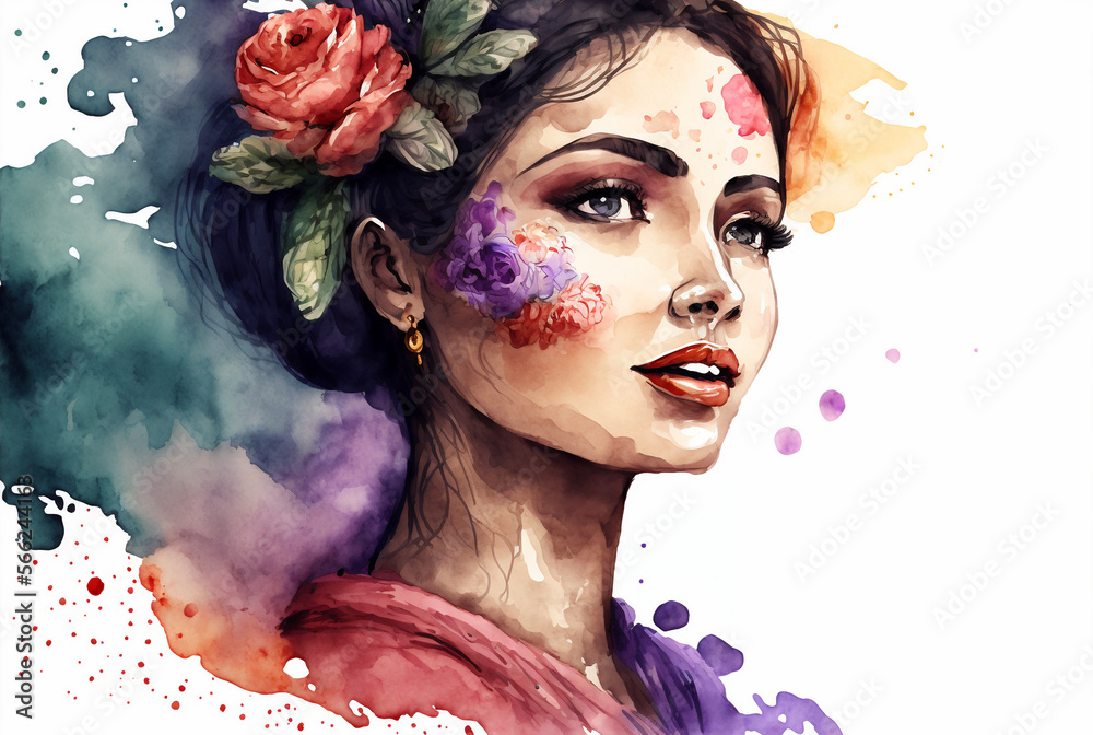 Kobieta namalowana farbami akwarelowymi, ilustracja, Dzień Kobiet, generative ai - obrazy, fototapety, plakaty 