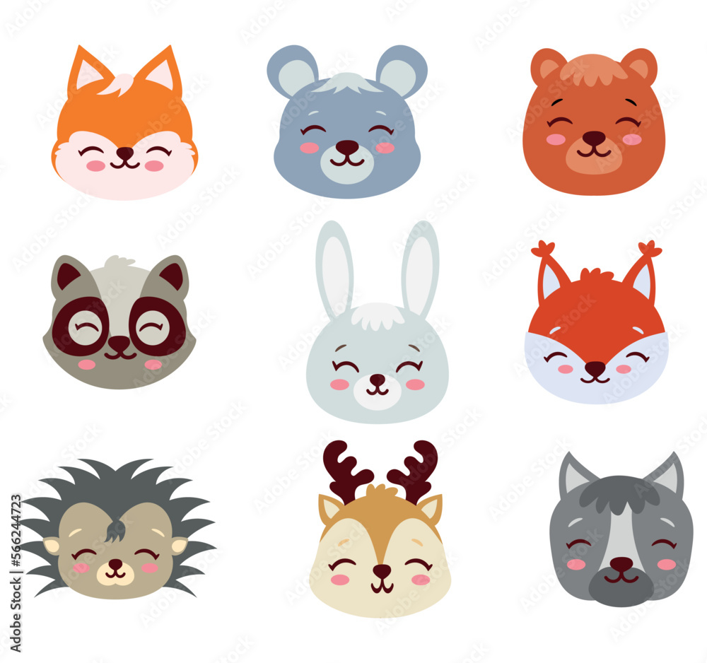 Fototapeta premium Set of images of cute animal faces Forest animals. Vector graphics..
